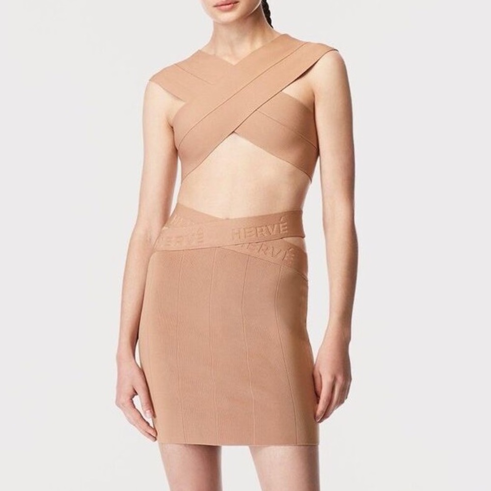 NWT Herve by Herve Leger Sun Beige Crop Top Skirt Set
